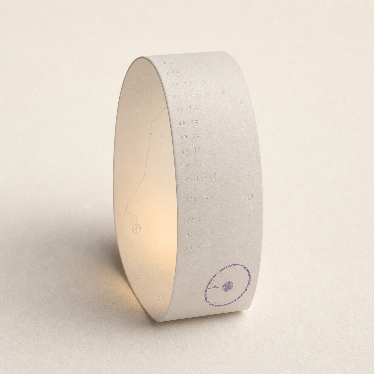 A translucent receipt-like strip folded into a standing loop, with faint path marks, warm light inside, and a violet stamp.