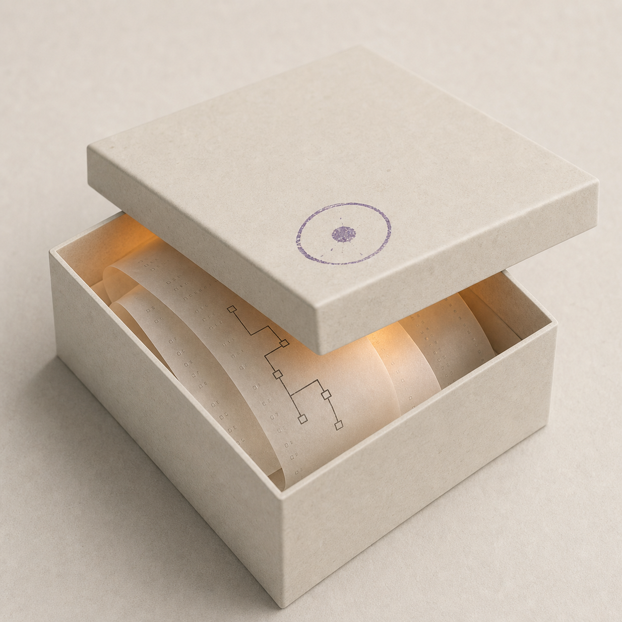 A cream archival box slightly open, holding translucent process strips and a small black lineage diagram lit from within.