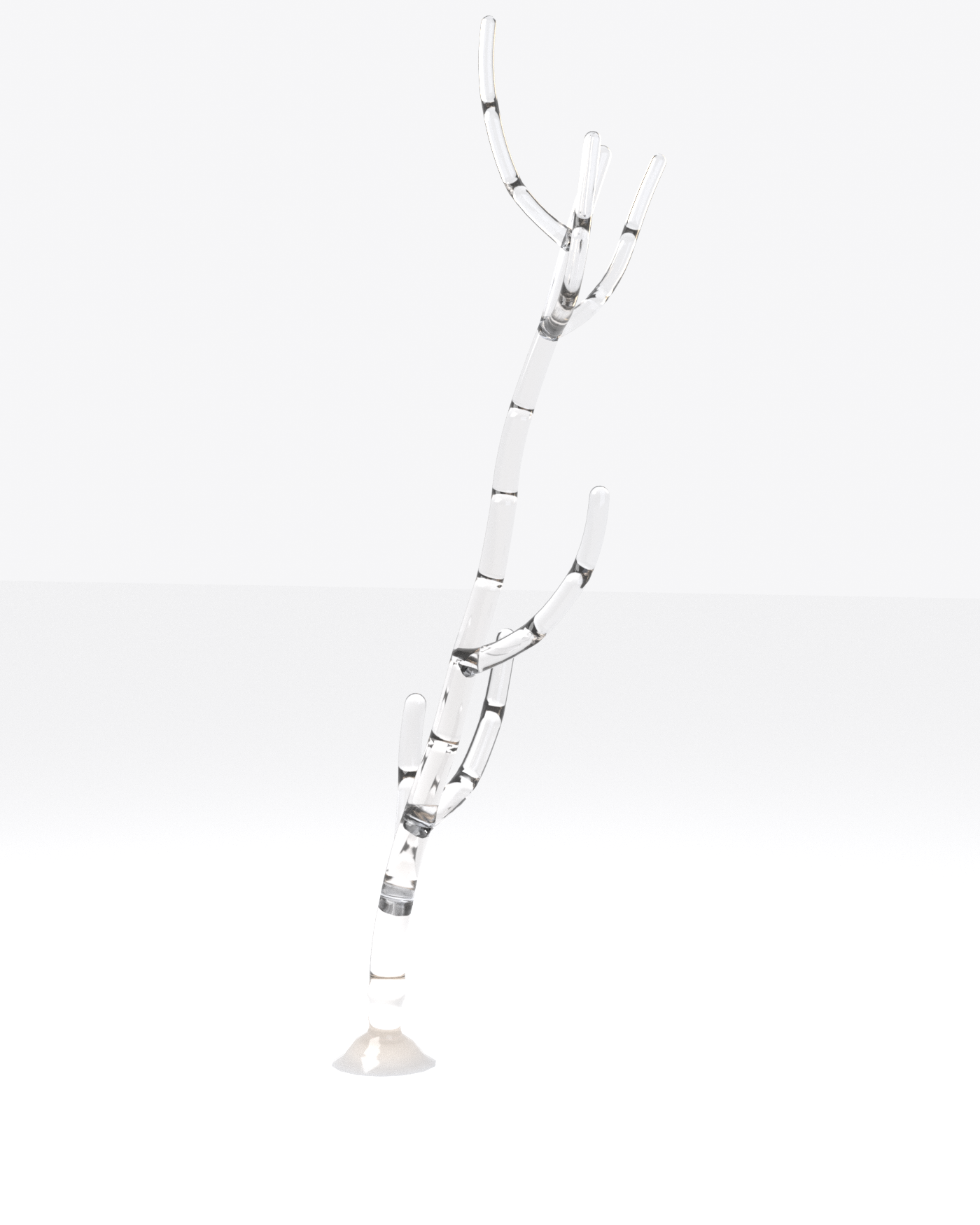 A tall, slender frosted-glass tree: a single climbing trunk that sheds a few upward-curling arms at staggered heights and opens at the top into a small crown of raised tips, rooted in a flared glass base on a pale paper floor.